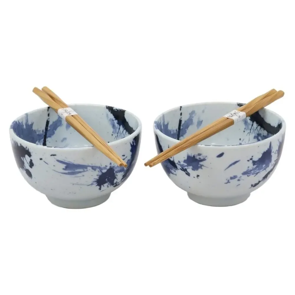 Ebros Blue Splash Paint Abstract Art Design Porcelain Bowls Bamboo Chopstick Set